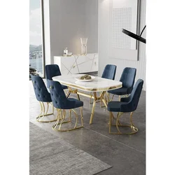Hanah Home trpezarijski set Epal, sto i 6 stolica, ploča u dekoru belog mermera, zlatne noge, antracit tkanina Babyface