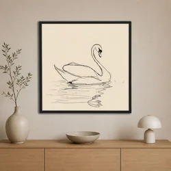 WallXpert uramljena slika na platnu Cc-K-Sy-1025, linijski crtež labuda na vodi na krem pozadini, 60 x 60 cm