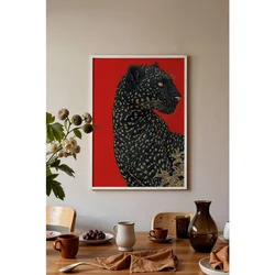 WallXpert uramljena slika 115272, crni leopard na crvenoj pozadini, 50 x 70 cm, beli ram