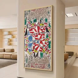 WallXpert uramljena MDF slika ARTSNTMDL19, apstraktna kompozicija sa crveno-belim oblicima, 33 x 70 cm