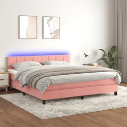 shumee Box spring postelja z vzmetnico LED roza 180x200 cm žamet