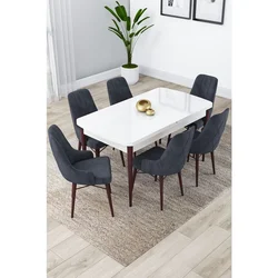 Hanah Home trpezarijski set Lia, sto na razvlačenje i 6 stolica, bela ploča, noge boje oraha, antracit tkanina Babyface