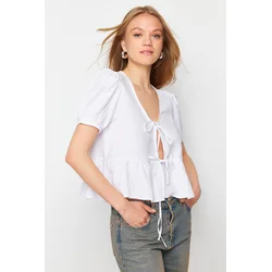 Trendyol Ecru Front Tie Detailed Regular Fit Woven Shirt