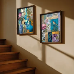WallXpert set uramljenih MDF slika NAL203-46, kolaž sa cvećem, vazama i pticom u tirkiznim i zlatnim tonovima, 2 x 35,5 x 47 cm