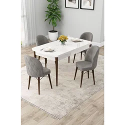 Hanah Home trpezarijski set Rut, sto na razvlačenje i 4 stolice, bela ploča, noge boje oraha, siva tkanina Babyface