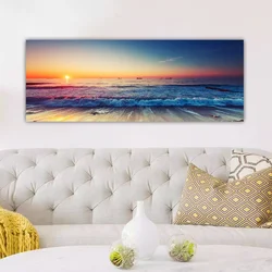 WallXpert slika na platnu YTY180712802, zalazak sunca nad morem i talasi na peščanoj plaži, 30 x 80 cm