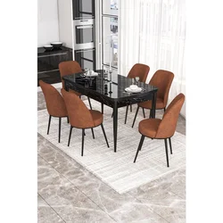 Hanah Home trpezarijski set Via, sto na razvlačenje i 6 stolica, ploča u dekoru crnog mermera, terakota tkanina Jerry