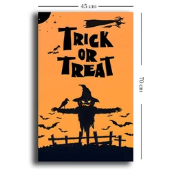 WallXpert slika na platnu 4570HALC-015, natpis Trick or Treat sa strašilom i slepim miševima na narandžastoj pozadini, 45 x 70 cm