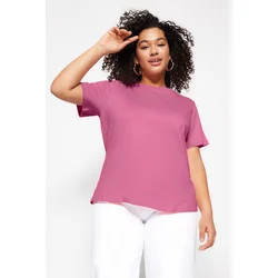 Trendyol Curve Pale Pink Regular Fit Basic Crew Neck 100% Cotton Knitted Plus Size T-Shirt