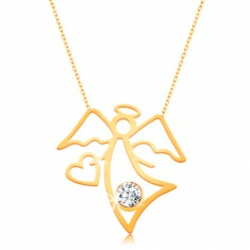 Ogrlica od žutog 9 karatnog zlata - silueta anđela sa srcem, prozirni cirkon, tanki lančić