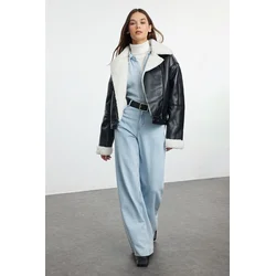 Trendyol Black Oversize Plush Detailed Faux Leather Biker Jacket Coat