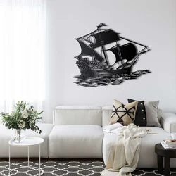 WallXpert metalni zidni ukras 5355, stari jedrenjak na talasima, 75 x 60 cm, crni