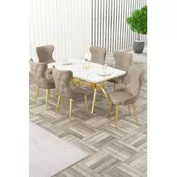 HANAH HOME Rasklopivi i trpezarijski sto i stolice (7 delova) Esla White Marble Gold Cappuccino