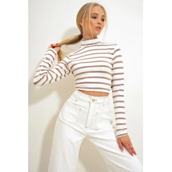Trend Alacati Stili Ženska bluza dugih rukava ALC-X12631, Belo-smeđa