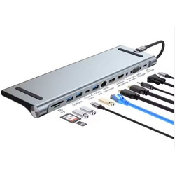Adapter USB 3.1 tip C (M) - 2 x HDMI + VGA + 3 x USB 3.0 + 2 x tip C + RJ45 (F) + SD/TF + PD 100W (12 u 1)