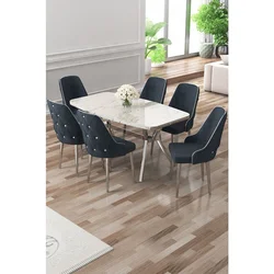 Hanah Home trpezarijski set Asel, sto i 6 stolica, ploča u dekoru belog mermera, hromirane noge, antracit tkanina Babyface