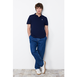 Trendyol Navy Blue Regular/Normal Fit Textured 100% Cotton Polo Neck T-shirt