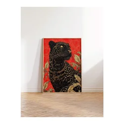 WallXpert uramljena slika 115265, crni panter sa lišćem na crvenoj pozadini, 50 x 70 cm, ram u boji prirodnog drveta
