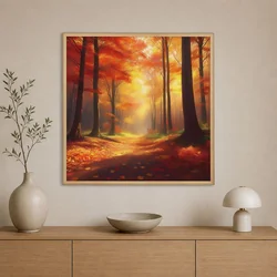 WallXpert uramljena slika na platnu Cc-K-Ah-1008, jesenja šuma sa crvenim lišćem i stazom, 60 x 60 cm