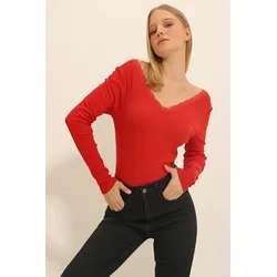 Trend Alacati Stili Ženska bluza dugih rukava ALC-X11246, V-izrez, Crvena