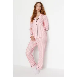 Trendyol Pink Stripe Patterned Piped Fleece Lined Shirt-Pants Knitted Pajama Set