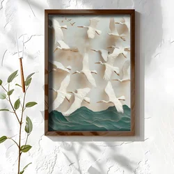 WallXpert uramljena MDF slika NAL104-70, jato belih ptica iznad tirkiznih talasa, 50 x 70 cm