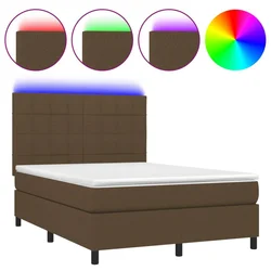 Vidaxl Box spring postelja z vzmetnico LED temno rjava 140x200cm blago