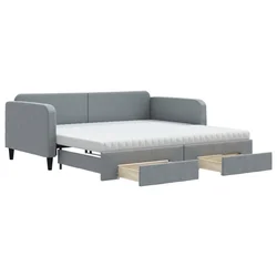 Vidaxl Izvlečna dnevna postelja s predali svetlo siva 100x200 cm blago