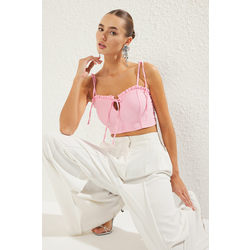 Trendyol Pink Tie Detail Ruffled Crop Woven Bustier