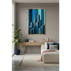 WallXpert uramljena slika na platnu Huhu3111, stilizovani plavi neboderi grada na prugastoj pozadini, 70 x 100 cm