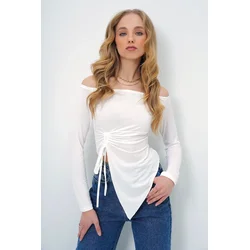 Trend Alacati Stili Ženska bluza dugih rukava Alc-X13458, Brod izrez, Bela