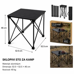 KMT Sklopivi sto za kampovanje, 52.5x52.5x46 cm, Crni