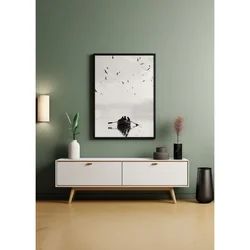 WallXpert uramljena MDF slika ARTNEWCLSYH90, čamac na mirnoj vodi i jato ptica, crno-belo, 50 x 70 cm