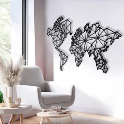 WallXpert metalni zidni ukras MAP-MET9006, geometrijska mapa sveta, 100 x 63 cm, crni