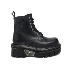 Stivali Unisex New Rock M-MILI084N-S5 in 100% Vera Pelle Techno Nera Metallizzata con Plateau e Chiusura con Lacci da Militare 3