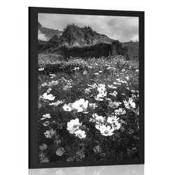 Plakat travnik cvetočih cvetlic v črnobeli varianti - 20x30 silver