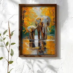 WallXpert uramljena MDF slika NAL148-70, slonica i slonče u reci među jesenjim drvećem, 50 x 70 cm