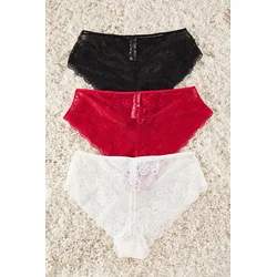 Trendyol Curve Black-Ecru-Red Soft Lace Plus Size Panties