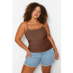 Trendyol Curve Brown Spaghetti Strappy Crop Ribbed Knit Plus Size Blouse