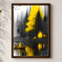 WallXpert uramljena MDF slika 3752KACT-016, osoba u žutom u čamcu ispred žutog drveta i kuće na jezeru, 37 x 52 cm