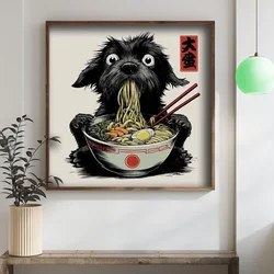 WallXpert uramljena MDF slika DOS005-50, čupavi crni pas jede ramen štapićima, 50 x 50 cm