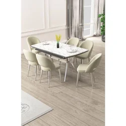 Hanah Home trpezarijski set Weps, sto na razvlačenje i 6 stolica, ploča u dekoru belog mermera, hromirane noge, krem tkanina Babyface