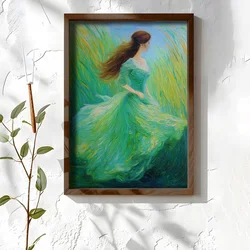 WallXpert uramljena MDF slika NAL094-46, žena u zelenoj haljini u vetru među visokom travom, u stilu uljane slike, 35,5 x 47 cm