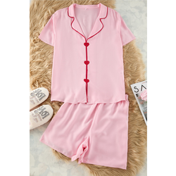 Trendyol Curve Pink Heart Embroidery and Piping Detail Viscose Woven Pajama Set