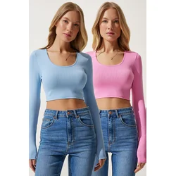 Happiness Istanbul Womens Sky Blue Pink U Neck Ribbed 2-Pack Crop Knitwear Blouse