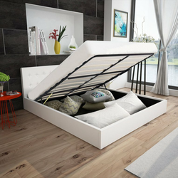 VIDAXL dvižna postelja s prostorom za shranjevanje 140cm (umetno usnje), bela