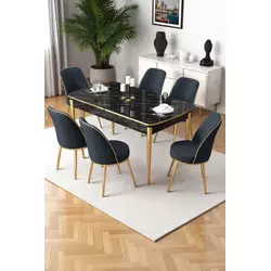 HANAH HOME Rasklopivi trpezarijski sto i stolice (7 delova) Nira Black Marble Gold Anthracite
