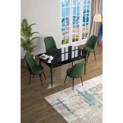 Hanah Home trpezarijski set Han, sto na razvlačenje i 4 stolice, ploča u dekoru crnog mermera, kaki zelena tkanina Jerry