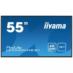 iiyama 55 3840 x 2160, 4K UHD AMVA3 panel, Fan-less, Speakers, Multiple In-/Outputs (VGA, DVI-D, HDMI(2x) and more), 350 cd/m2, 4000:1 Static Contrast, 8 ms, Landscape mode, Media Play USB Port, LAN (LE5540UHS-B1)