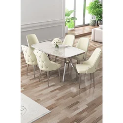Hanah Home trpezarijski set Asel, sto i 6 stolica, ploča u dekoru belog mermera, hromirane noge, krem tkanina Babyface